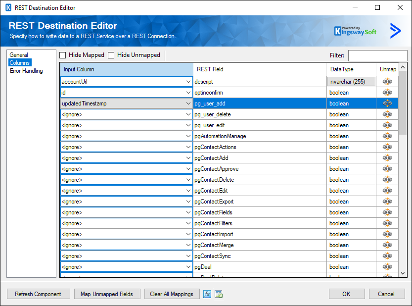 ActiveCampaign Destination Component - Columns